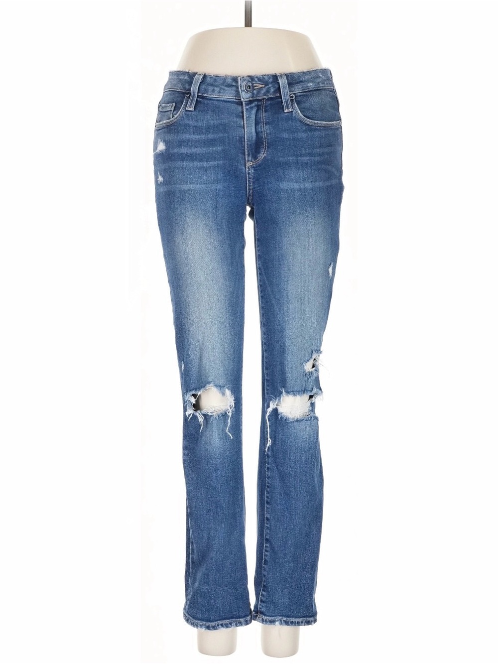 PAIGE Miki Straight Jeans Medium Wash Distressed Ripped Knee Size 27